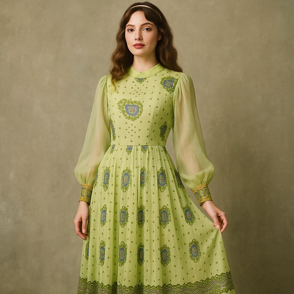 Vintage Alfred Shaheen Maxi Dress 70s Green Floral Metallic Pleated Sheer Sleeve